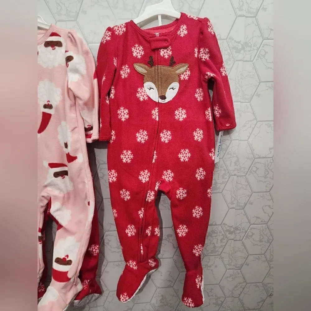 New Toddler  girl's fleece Christmas footed pajama bundle